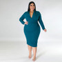 Plus Size Women'S Career V-Neck Solid Color Long Sleeve Midi Bodycon Dress