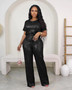 Women Spring Summer Sequin Solid Short Sleeve Top and Pants Two-piece Set