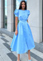 Women Round Neck Puff Short Sleeve Pleated Pearl Button Dress