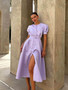 Women Round Neck Puff Short Sleeve Pleated Pearl Button Dress