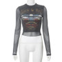 Women Printed Long Sleeve Sexy See-Through Crop Top