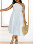 Women Summer Solid Slash Shoulder Lace-Up Loose Pleated Dress