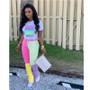 Women printed short-sleeved T-shirt and color-blocked trousers sports two-piece set