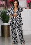 Sexy Women's Printed Long Sleeve Shirt Pants Vest Three-Piece Outfit