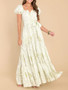 Spring Summer Printed Puff Sleeves Belt Chic Elegant Long Dress