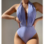 Sexy Solid Color Strap Halter Deep V-Neck One-Piece Low Back Beach Swimsuit