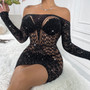 Off Shoulder Hollow Diamond Nightclub See-Through Bodycon Dress