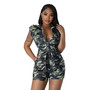 Women Summer Sleeveless Camouflage Hollow Turndown Collar Cargo Romper