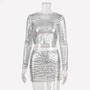 Women Sexy Hollow Mesh Crop Long Sleeve Top and Skirt Two-piece Set