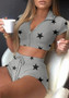 Women Star Print Turndown Collar Top and Shorts Knitting Two-piece Set