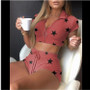 Women Star Print Turndown Collar Top and Shorts Knitting Two-piece Set