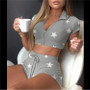 Women Star Print Turndown Collar Top and Shorts Knitting Two-piece Set