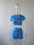 Women Star Print Turndown Collar Top and Shorts Knitting Two-piece Set