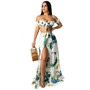 Women summer printed short-sleeved crop Top and slit Skirt sexy two-piece set