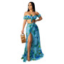 Women summer printed short-sleeved crop Top and slit Skirt sexy two-piece set