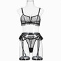 Women Spring See-Through Mesh Ruffled Garter Leg Circle Erotic Sexy lingerie Four-piece Set