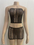 Spring Solid Color See-Through Beaded Mesh Strapless Slim Two Piece Skirt Set
