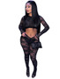 Women's Spring Solid Color Sexy Lace Patchwork Long Sleeve Hollow Jumpsuit