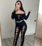 Spring Solid Off Shoulder Long Sleeve Crop Top Ripped Tight Fitting Pant Sexy Two Piece Set