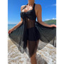 Halter Neck Solid Color Mesh Patchwork Low Back Lace-Up Dress Square Leg Shorts Two-Piece Swimsuit