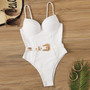 Women's Metal Belt Buckle Solid Color One-Piece Swimsuit