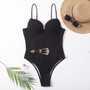 Women's Metal Belt Buckle Solid Color One-Piece Swimsuit