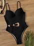 Women's Metal Belt Buckle Solid Color One-Piece Swimsuit