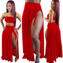 Women Red Bra Wrap Swimwear Mesh Skirt Two-piece Set