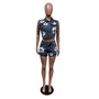 Summer Flower Printed Sleeveless Two Piece Denim Stretch Shorts Set