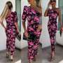 Women Summer Slash Shoulder Stretch Slit Printed Bodycon Dress