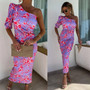 Women Summer Slash Shoulder Stretch Slit Printed Bodycon Dress