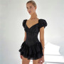 Women's Crochet Hollow Corset Square Neck Puff Sleeve Fairy Dress