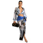 Women Clothes Puff Sleeve Printed Blue Plunge Neck Tied Two-Piece Skirt Set