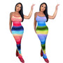 Women Clothes Rainbow Stripe Print Slit Slim Waist Strap Long Dress