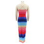 Women Clothes Rainbow Stripe Print Slit Slim Waist Strap Long Dress