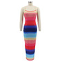 Women Clothes Rainbow Stripe Print Slit Slim Waist Strap Long Dress