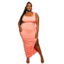 Plus Size Women Clothes Fashion Sexy Solid Color U-Neck Sleeveless Pleated Slit Midi Dress