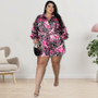 Plus Size Women Clothes Summer Print Long Sleeve Turndown Collar Short Jumpsuit