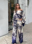 Women printed long-sleeved bat shirt Top And wide-leg pants two-piece set with free belt