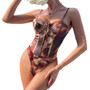 Women Street Satin Printed Suspender Sexy Backless Underwire Bodysuit