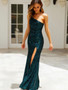 Summer Sequin One Shoulder Sleeveless Slit Evening Dress