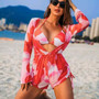 Sexy Printed Two Piece Bikini Long-Sleeved Mesh Cover-Up Romper Three-Piece Women's Swimsuit