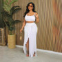 Women's Fashion Trend Ribbed Solid Color Slit Tassel Long Skirt Tank Top Two Piece Set