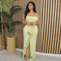 Women's Fashion Trend Ribbed Solid Color Slit Tassel Long Skirt Tank Top Two Piece Set