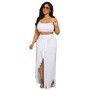 Women's Fashion Trend Ribbed Solid Color Slit Tassel Long Skirt Tank Top Two Piece Set