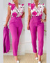 Stylish Printed Ruffle Sleeve Top Solid Color Pants Two Piece Set With Belt