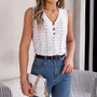 Women Spring and Summer Button V-Neck Hollow Sleeveless Holidays Knitting Top