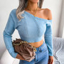 Fall Winter Casual Hollow Slash Shoulder Long Sleeve Crop Sweater Women'S Clothing