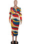 Women Long Sleeve Printed Bodycon Maxi Dress