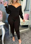 Plus Size Women V Neck Ribbed Sexy Solid Jumpsuit